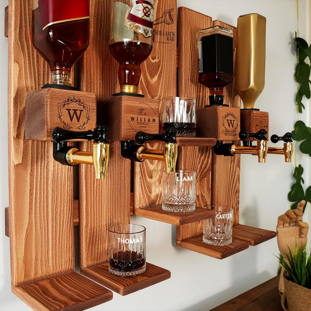 Wooden Wall Mounted Whiskey Dispenser, Custom Engraved Spirit Rack