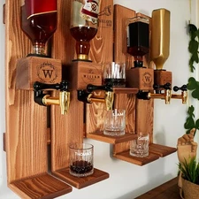 Wooden  Wall Mounted Whiskey Dispenser, Custom Engraved Spirit Rack with Taps