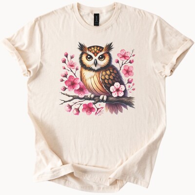 Owl Shirt Cherry Blossoms Graphic T Shirt Bird Nature Tee Beige