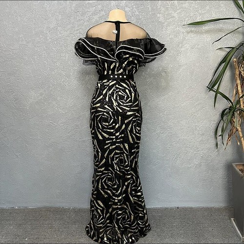 Womens V Neck Ruffles Off Shoulder Dress Slim Fit Evening Ball Gown Robe Abaya - Picture 23 of 34