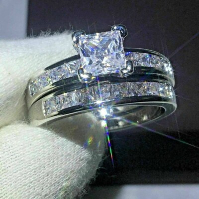 2CT Princess Cut Lab Created Diamond Wedding Band Ring Set 14K White ...