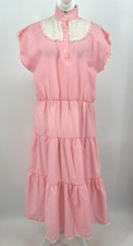 VTG Montgomery womens M/L Ward Pink Gingham Midi Dress Lace collar button tiered