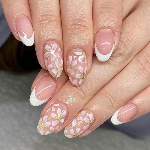 Kurze Oval Press-On Falsche Nägel Elegant Glitzer Blumen French Maniküre 24 Stück