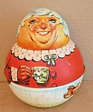1981 Bristol Ware Mrs Claus Roly Poly Tin Christmas Made In USA Chein Industries