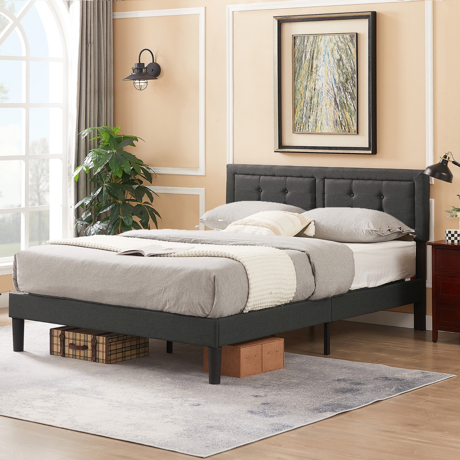 Bed Frame Button Tufted Queen Upholstered Slat Support Platform with Headboard-image
