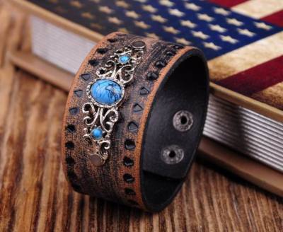 Retro Quality Cowhide Flower Turquoise Wide Wrap Leather Bracelet Cuff Wristband