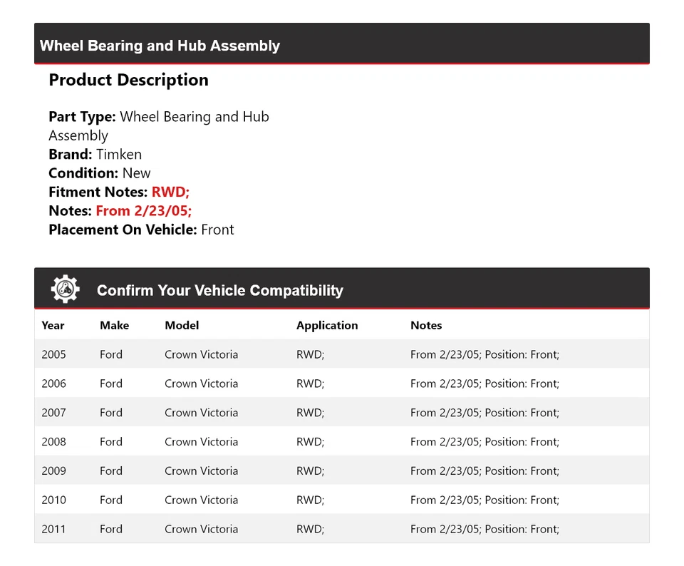 Conjunto de cojinete de rueda y buje delantero Timken para Ford Crown Victoria 2005-2011 tracción trasera Foto 2 de 4