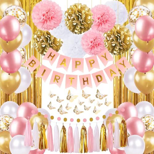 Pink and Gold Birthday Party Decorations for Women with Happy Birthday BannerCu