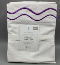 Pottery Barn Kids Embroidered Scallop Organic Sheet Set White Purple Twin #A1360