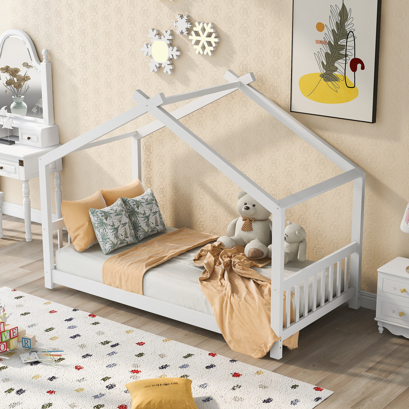 White Roof Design House Platform Bed with Headboard and Footboard 64AAK