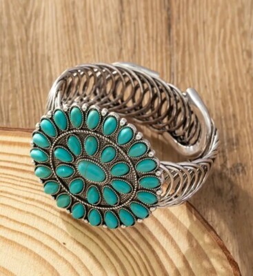 Southwestern Silver-Plated Blue Turquoise Squash Blossom Cuff Bracelet Boho 