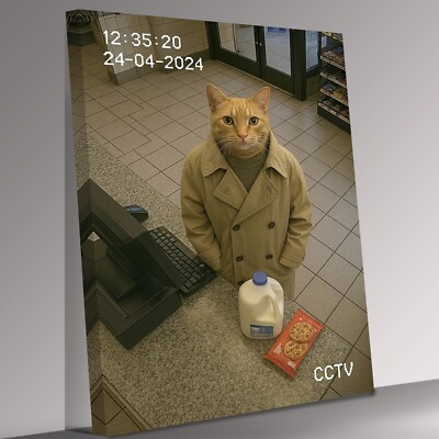 Cat on CCTV Milk and Cookies Canvas Print Wall Art Picture