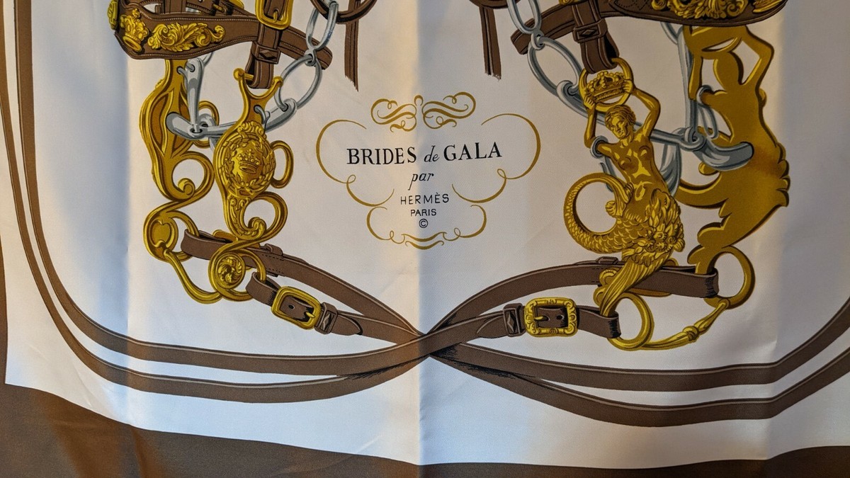 Hermès Paris, carré 90cm, brides de gala, marron, soie, sans