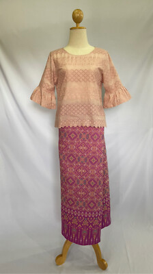 Women's Tai Lue in Nan Pink Cotton Tube Sarong Hand Woven & Lace Blouse Size 38