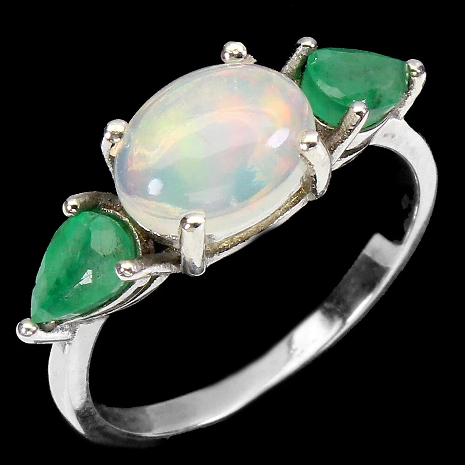 925 Sterlingsilber Ring Oval Feuer Opal 9x7mm Smaragd Edelstein Schmuck Size 7.5 - Bild 2 von 4