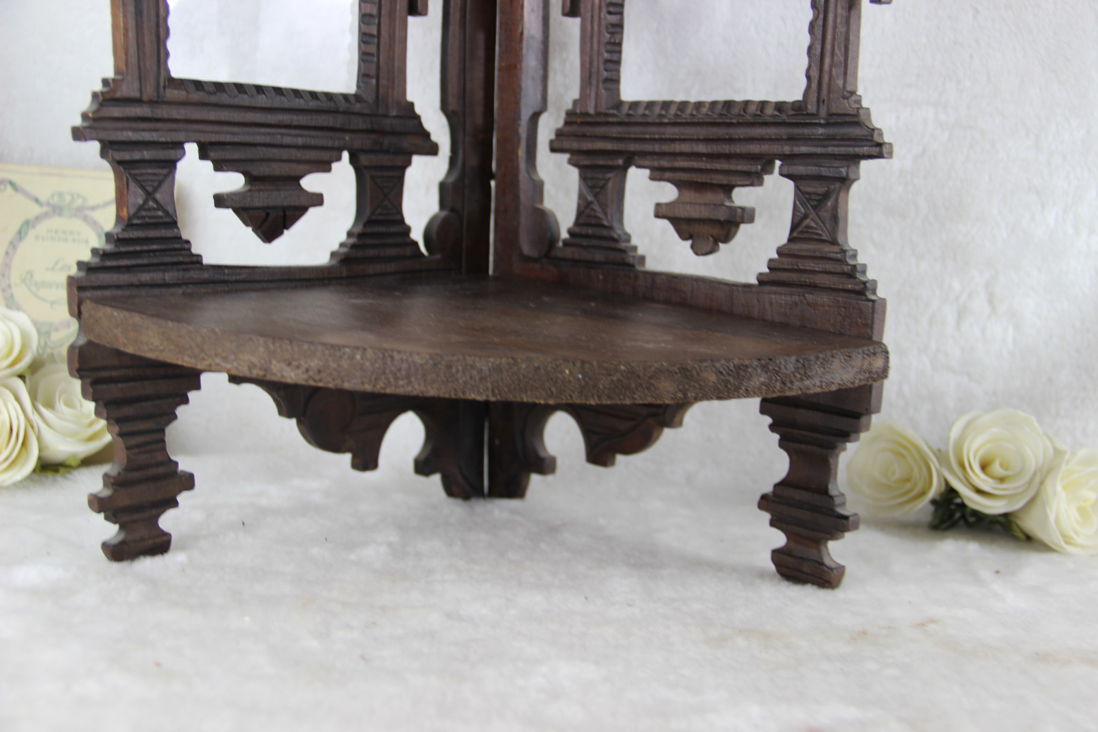 Rare German black forest style wood carved Rack console w photo frame 2 level 