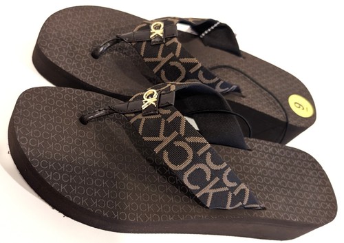 Calvin Klein Womens Monogram Platform Wedge Flip Flops Sandals Brown Size 9 NWT