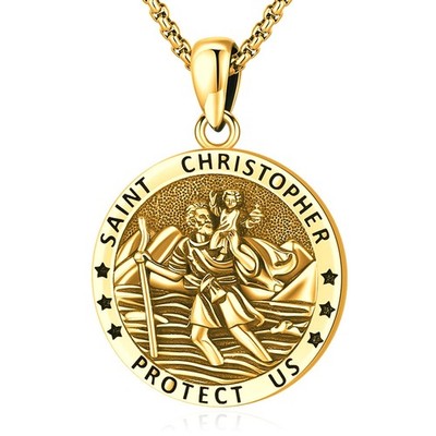 Saint Necklace St Christopher Medal for Men Golden Sterling Silver Saint Chri...