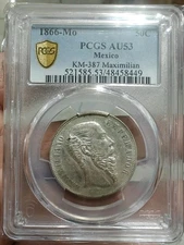 Mexico 1866 Mo 50 Centavos Maximiliano PCGS AU53