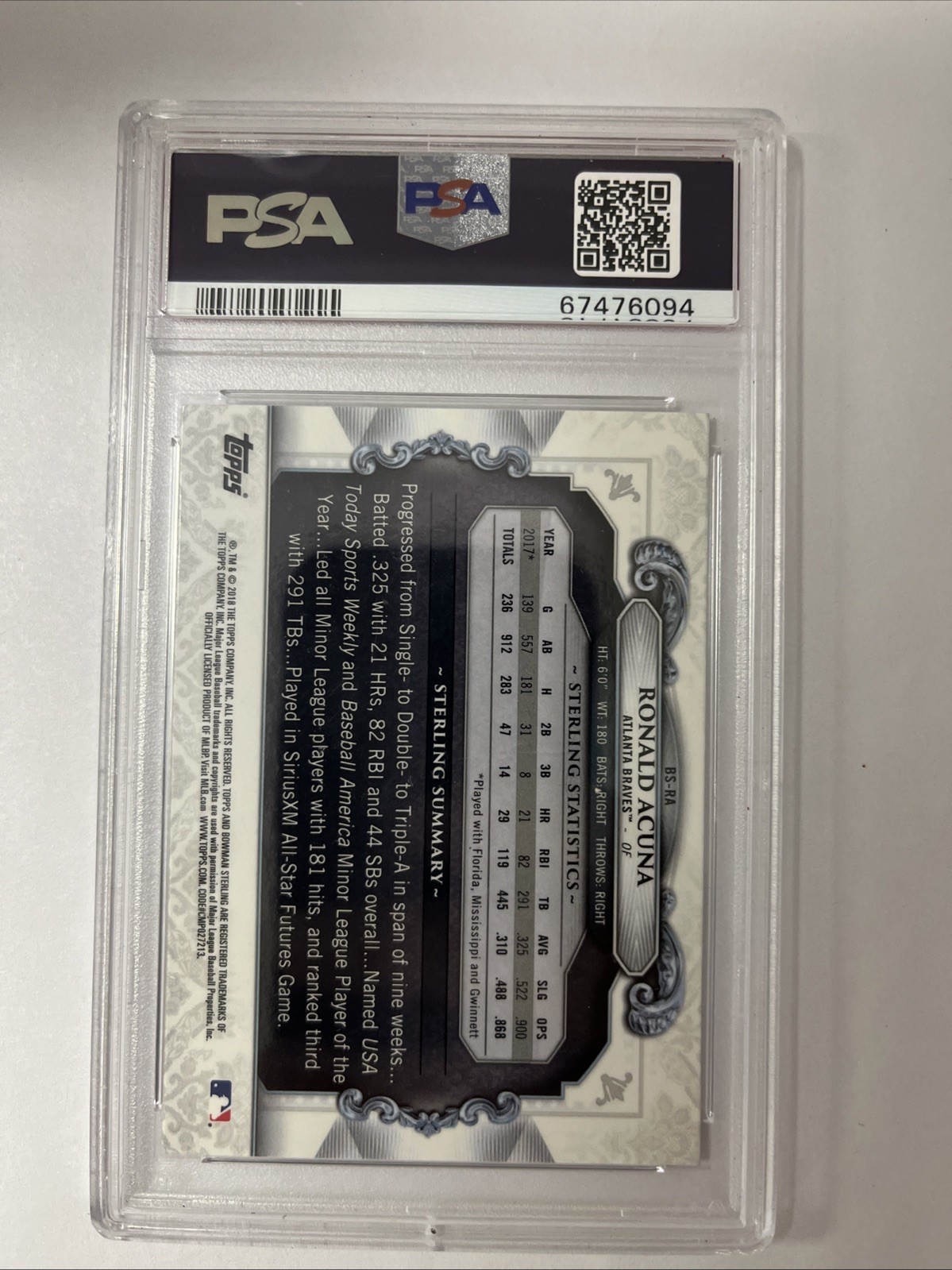 2018 Bowman Sterling Continuity #BS-RA Ronald Acuna Jr Rookie RC PSA 9 MINT view 2