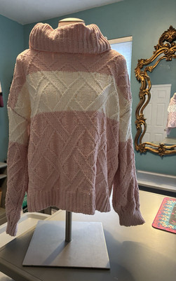 NWT**Francescas Pink White Cowl Neck Cable Knit Sweater** Pullover*Oversized*$56