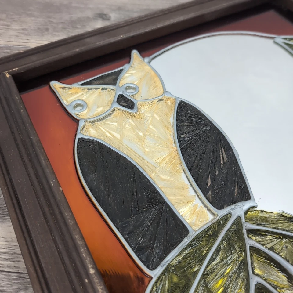 VTG Stained Glass Look Owl Art Mirror Oak Frame 14.5”x 14.25” Rare See Photos - Image 4 of 4