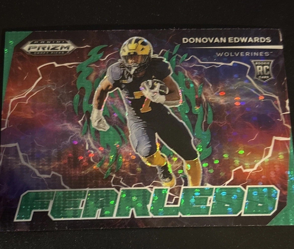 2025 Panini Prizm Draft Picks Fearless Donovan Edwards Green Pulsar Prizm 14/49