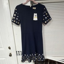 MICHAEL Michael Kors Navy Polka Dot A-Line Round Neck Knee Dress M