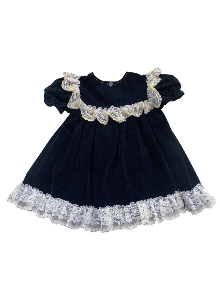 Vestido vintage para niña Jo Lene EE. UU. terciopelo aplastado talla 3t azul profundo con encaje blanco usado en excelente estado Foto 2 de 4