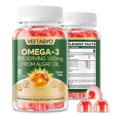 Vegan Omega 3 Gummies 1200mg - Dual Layer - Fish Oil Alternative Marine Algae...