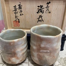 Handmade Hagiyaki Pottery Couple Bowls Set 8cm & 7cm Wave Design Gray Pink