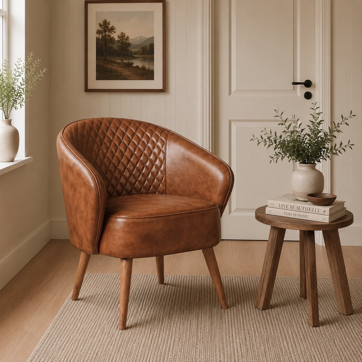 Tan Brown Genuine Real Hide Leather Tub Chair Quilted Back With Wooden Legs