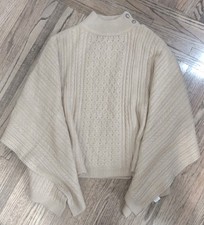 Elie Tahari Cable Knit Mock Neck Sweater - Tan Beige Crystal Button Detail - L