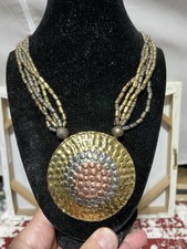 Copper, Gold And Silver Tones Circular Pendant, Beaded Necklace. 25 Inches