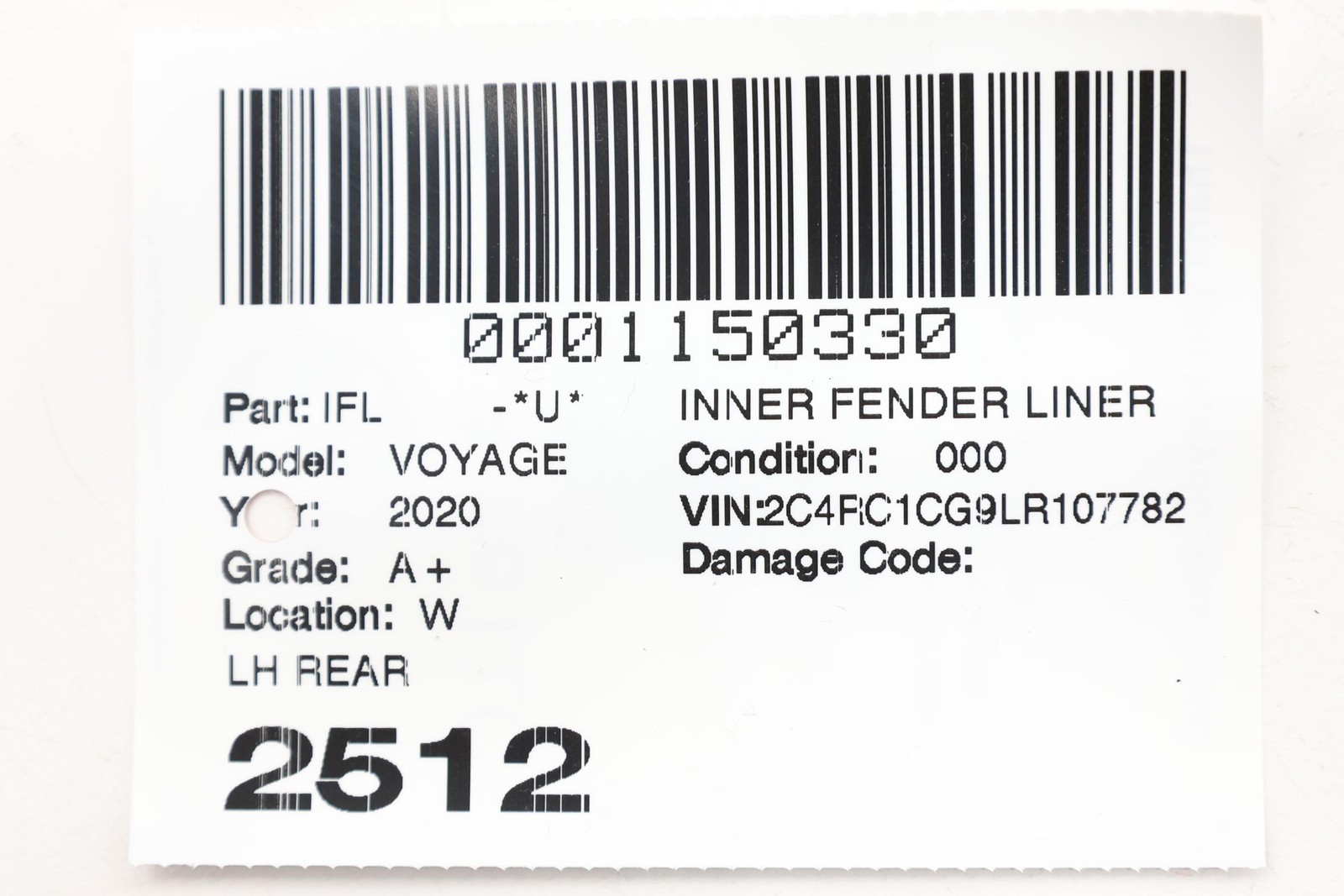 2020 CHRYSLER VOYAGER REAR LEFT SIDE INNER QUARTER LINER SPLASH SHIELD OEM