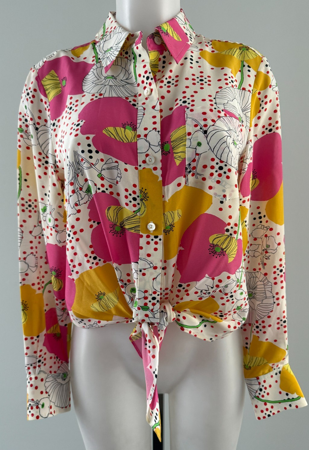 Trina Turk 100% Silk Floral Tie Front Helinda LS Blouse SZ S NWT $268