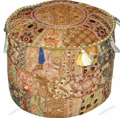 Indian Handmade Beige Vintage Pouf Cover Ottoman Patchwork Embroidered Stool - Image 3 of 3