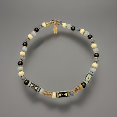 Eisenberg Artist Series Gray, Black, Cream, & Enamel Beaded Necklace Signed  P4