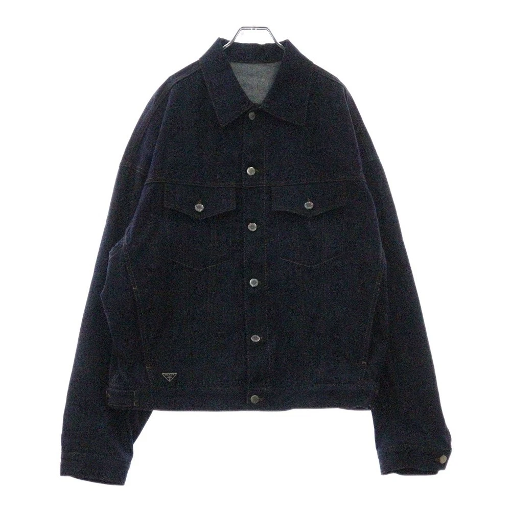Giacca camionista denim rigido logo triangolo placca PRADA indaco GEB257
