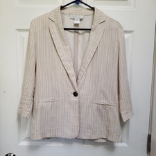 Carole Wren Beige White Striped Linen Blend 3/4 Sleeve Blazer Jacket Womens M