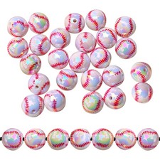 24 Pcs Iridescent Baseball Beads, 15mm Acrylic Sport Beads, White Red Small L...
