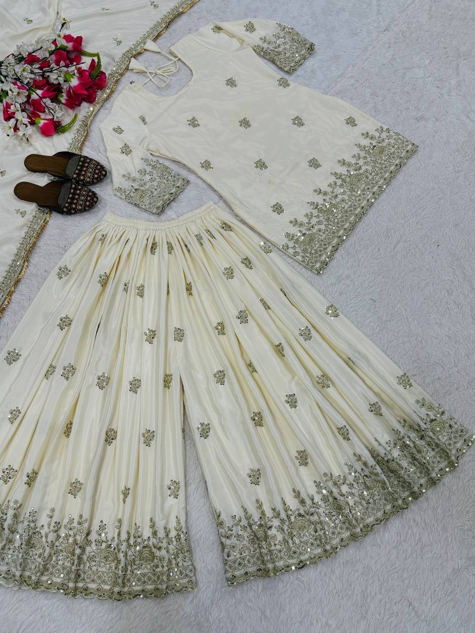 Wedding Wear Off White Crepe Kurta Palazzo With Dupatta For Women & Girls thumbnail 6