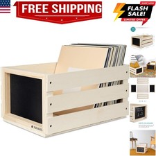 Wood Record Crate - Vinyl Album Storage Holder Box Wooden Case with Chalkboar...