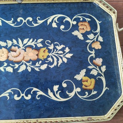Demain Vintage Italian Inlay Serving Tray Antique Navy Blue Gold