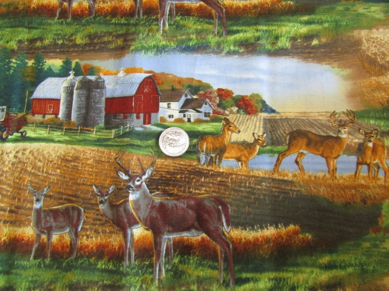 FARM LIFE Vintage TRACTORS BARNS DEER In The FIELDS 2000's COTTON Fabric - 1 yd