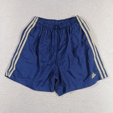 Vintage 00s Adidas Shorts Mens Medium Blue Striped Shiny Nylon Soccer Rugby Y2K