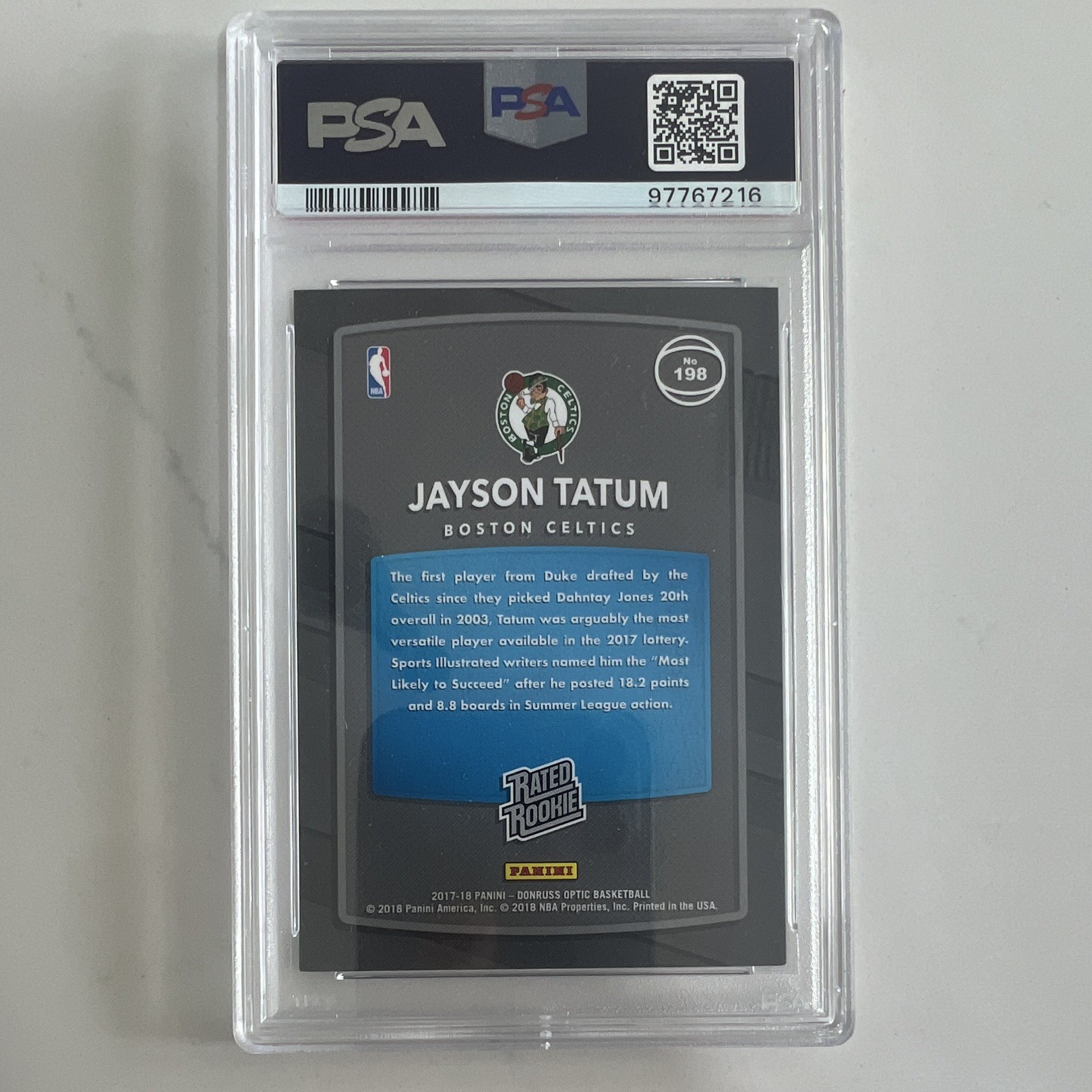 Panini Donruss Optic 2017-18 Jayson Tatum Rated Rookie Shock #198 PSA 9 view 2