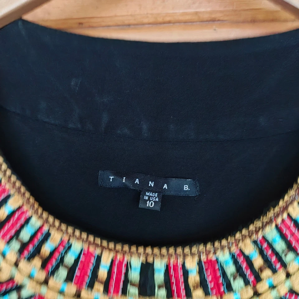 Vestido Tiana B Mezcla de Lino Multi Tribal Bordado Cuello Redondo Plisado Cremallera Talla 10 Foto 4 de 4