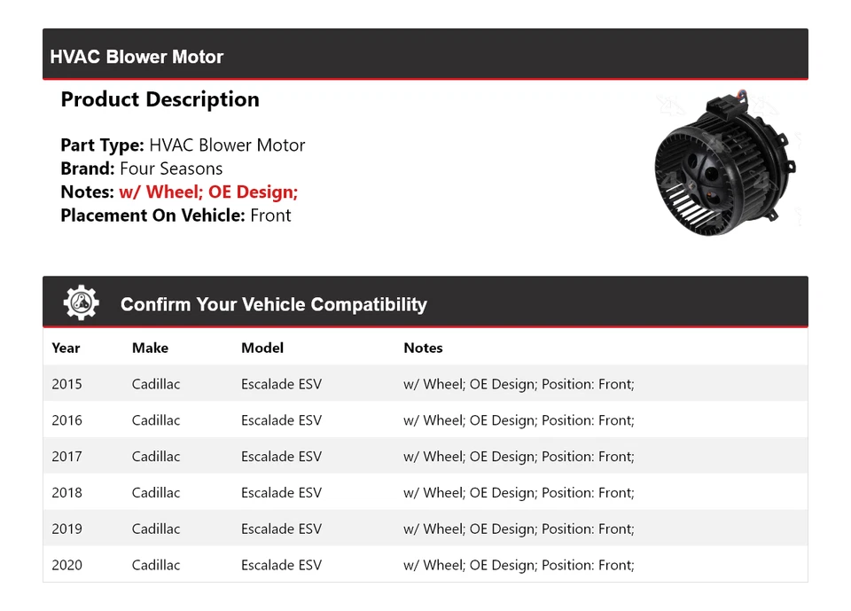 Motor de ventilador dianteiro Cadillac Escalade ESV HVAC 2015-2020 4 estações 2016 2017 - Imagem 2 de 4
