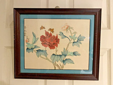 Chinese Floral Silk Painting, Wood Frame, Signed, Vintage VGUC